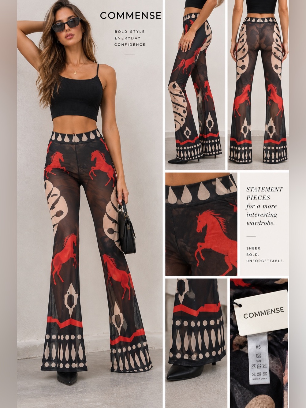 COMMENSE Horse Print Sheer Mesh Flare Pants XS Equestrian Y2K NWT
